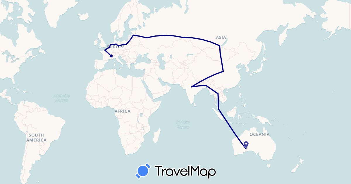 TravelMap itinerary: driving in Australia, Bangladesh, Belgium, China, Germany, France, India, Lithuania, Latvia, Mongolia, Malaysia, Netherlands, Poland, Russia, Thailand (Asia, Europe, Oceania)